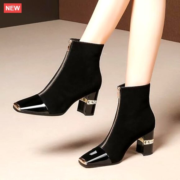 Women's Ankle Boots Chunky Heels Suede Metal Toe Zipper Dress Booties - Picture 3 of 6